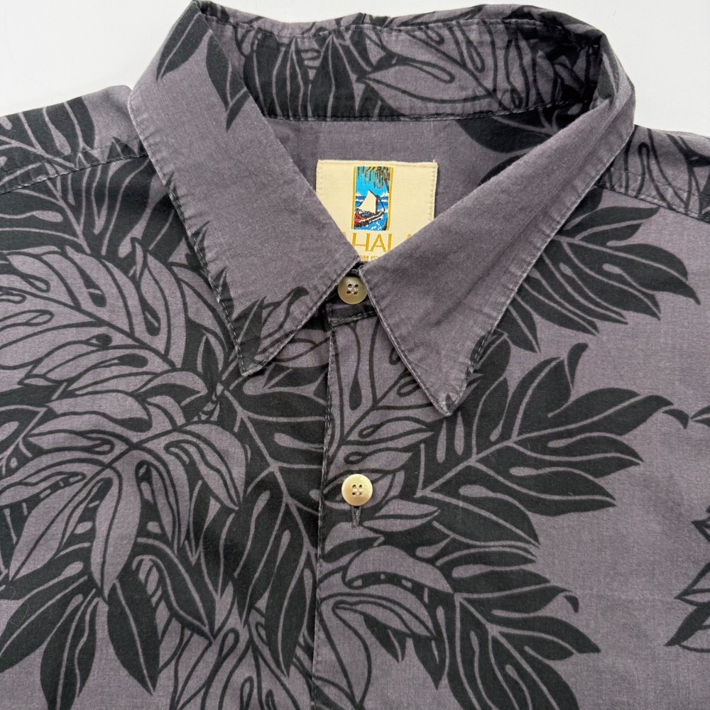 Kahala Button Up Shirt Mens L Grey Tropical Leaf Cotton Lawn Aloha Short Sleeve